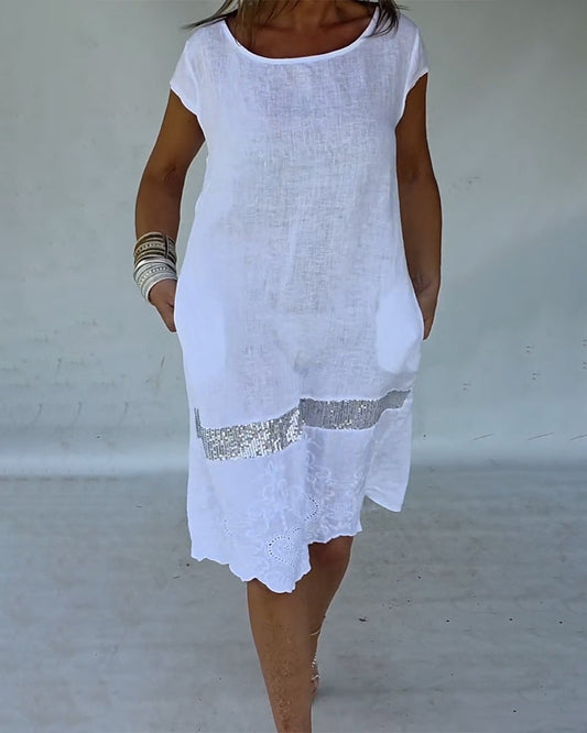 Kleid Runder Hals Kurzarm Unifarben