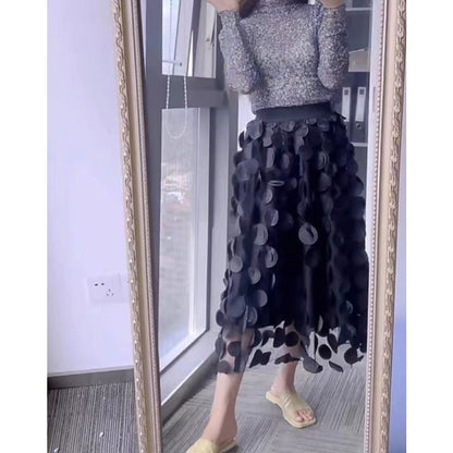 Black Polka Dot Mesh Midi Skirt for Women - Clelia