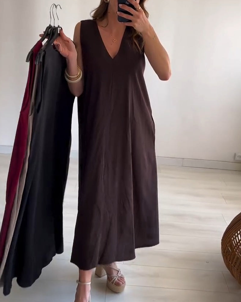 Kleid Tief V Ärmellos Lang