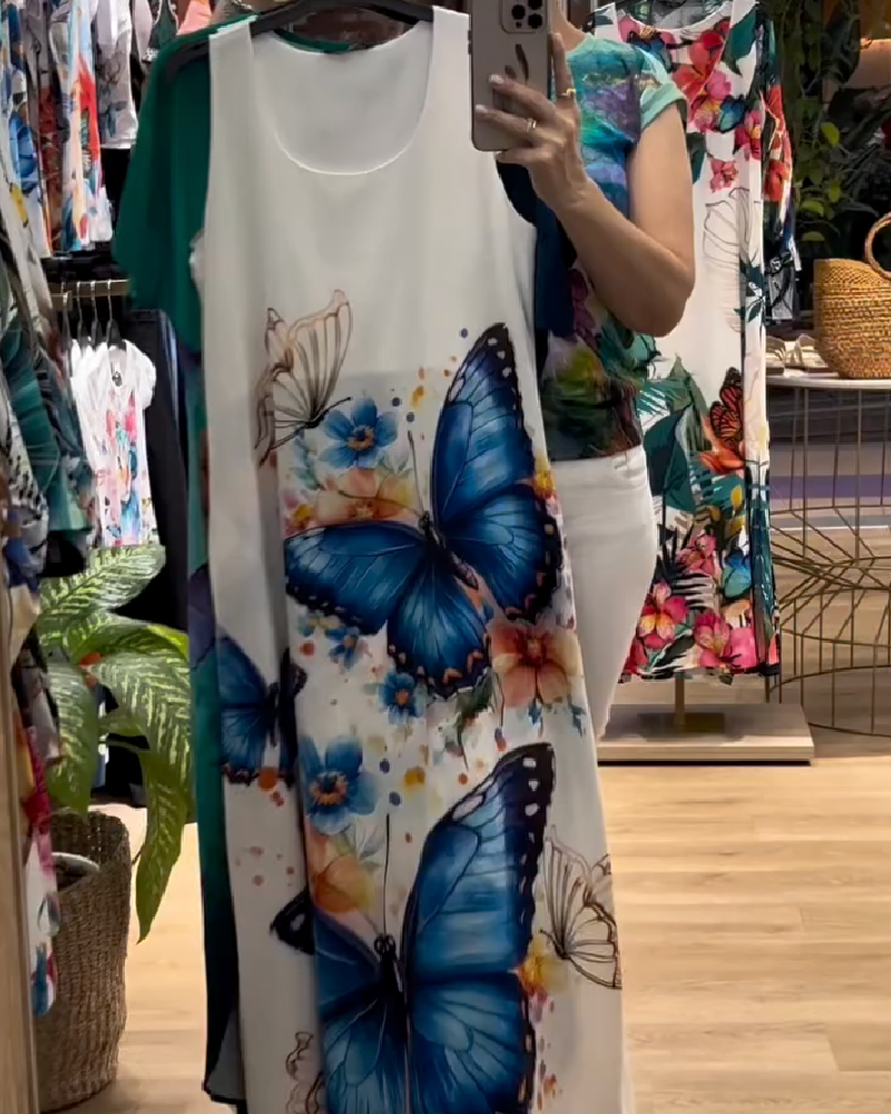 Kleid Ärmellos Schmetterlingsprint Maxi