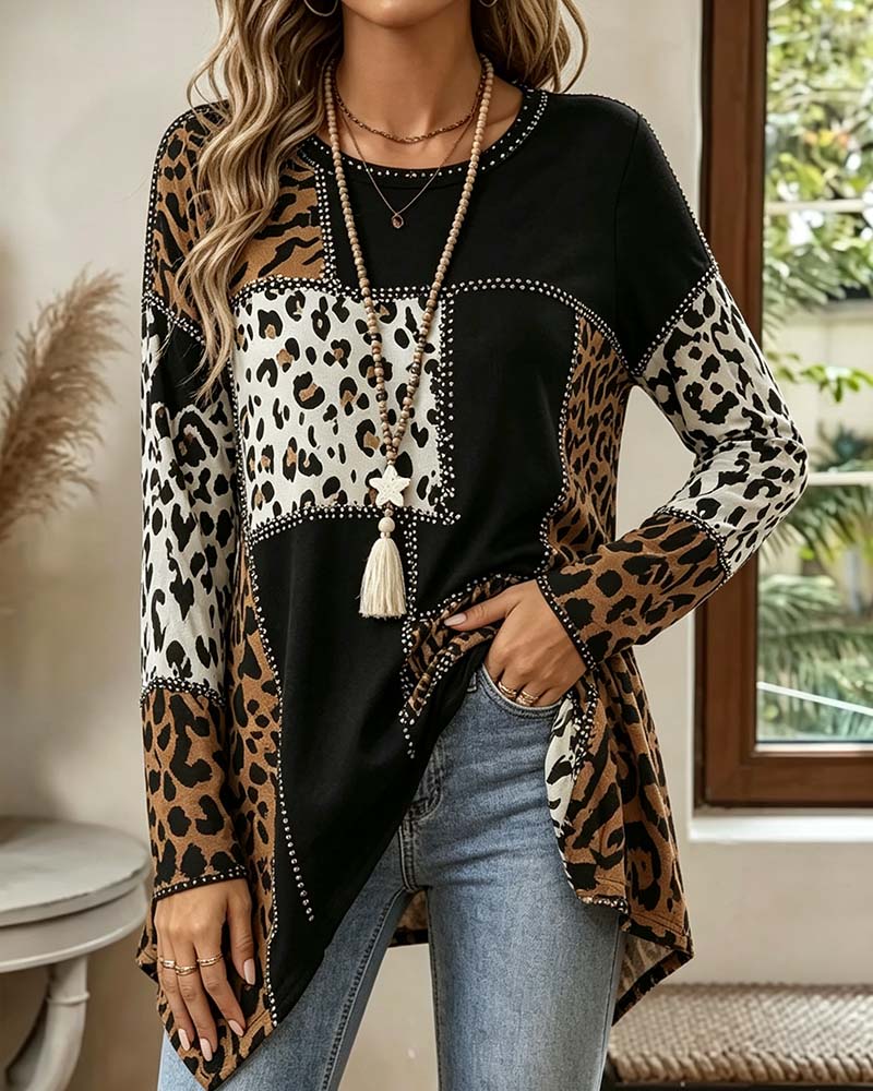 Bluse Leopard Druck Patchwork Unregelmäßig