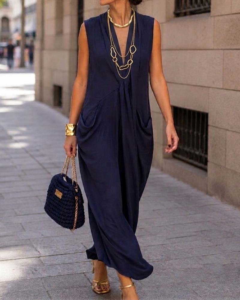 Kleid Ärmellos V-Ausschnitt Tasche