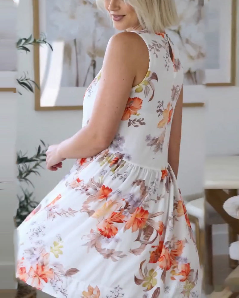 Kleid ärmellos plissiert Blumendruck