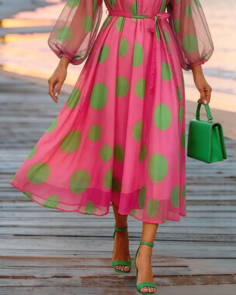 Kleid V-Ausschnitt Ballonärmel Große Tupfen