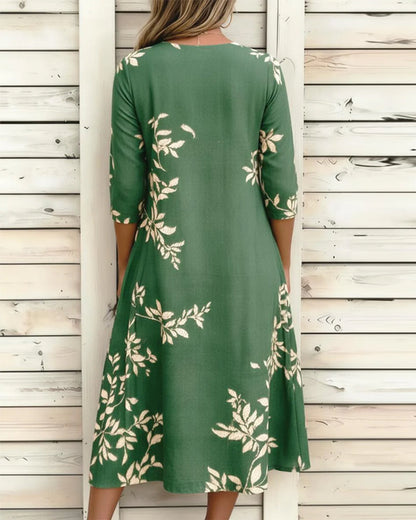 Kleid Botanischer Print Knopf Gerafft