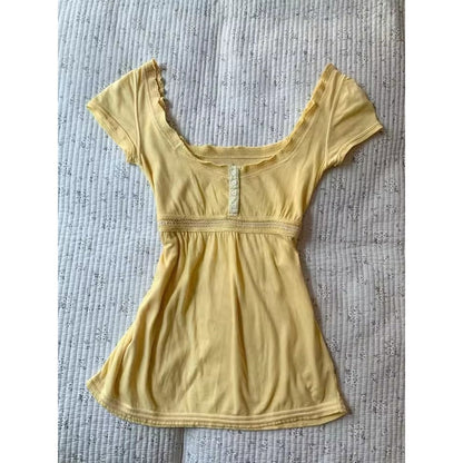 Yellow Short Sleeve Mini Dress with Lace Trim for Women - Linda