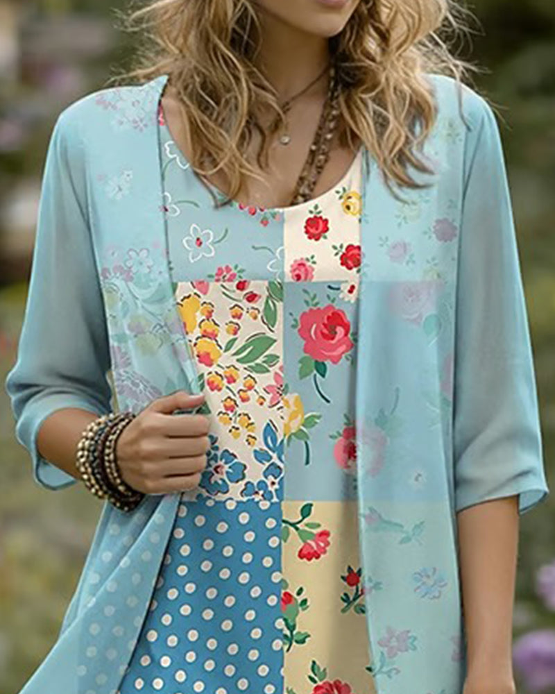 Set Blumen-Patchwork-Kleid Und Überwurf