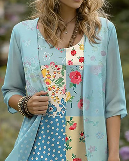 Set Blumen-Patchwork-Kleid Und Überwurf