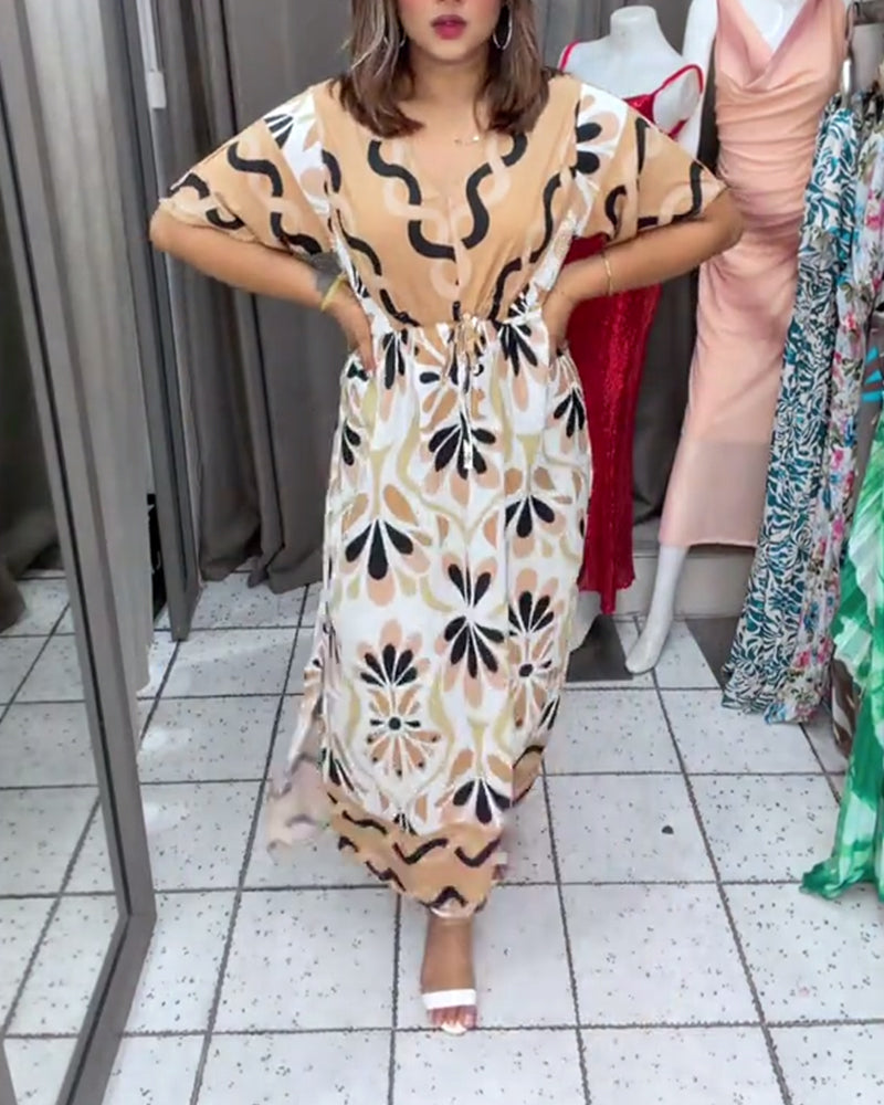 Kleid Farbblock Blumig Kurzarm Maxi
