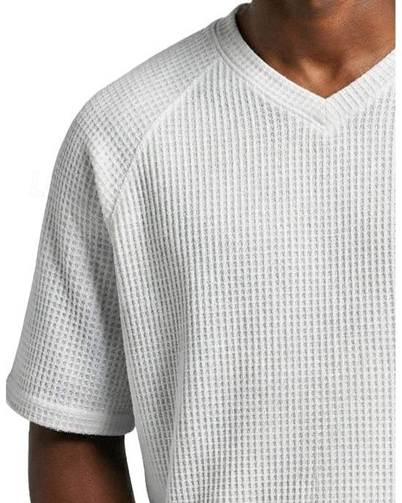 Herren-V-Ausschnitt-Shirt In Waffelstruktur, Lässiges Kurzarm-Oberteil In Unifarbe