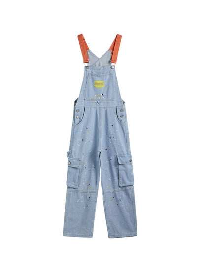 Blauer Vintage Overall mit Großen Taschen und Splash Ink Print