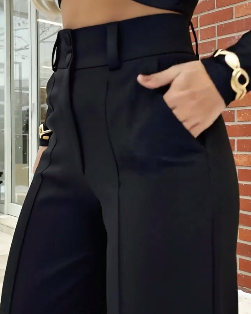 Freizeithose, einfarbig, hochgeschnitten, gerades Bein