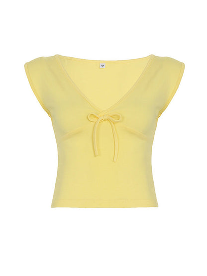 Gelbes Y2k Tanktop mit V-Ausschnitt und Blumenmuster