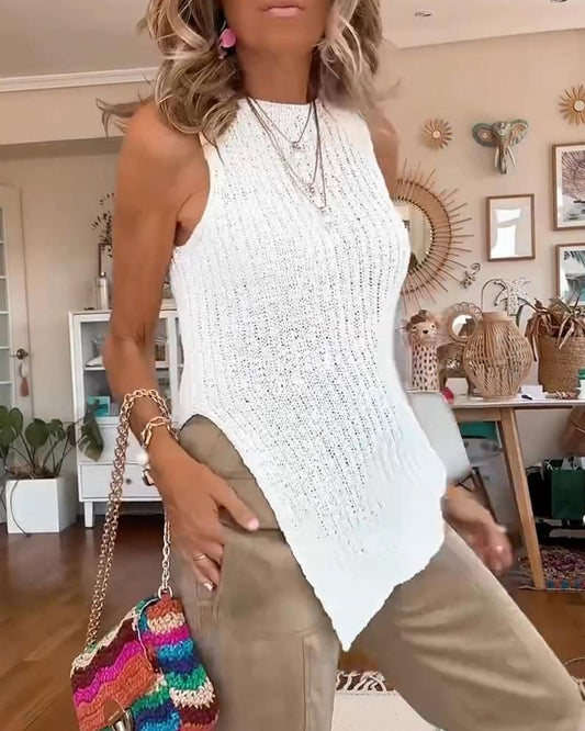 Modischer, einfarbiger, ärmelloser pullover mit rundhalsausschnitt und unregelmäßigem schnitt