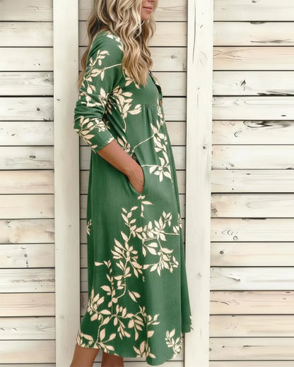 Kleid Botanischer Print Knopf Gerafft