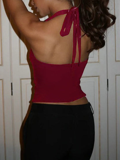 Einfarbige Y2k Slim Fit Spitzen Halterweste