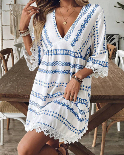 Kleid Geometrischer Print Ethno V-Ausschnitt Spitzenbesatz Kleid