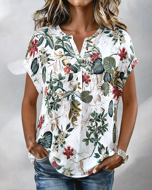 Bluse V-Ausschnitt Botanischer Print Lässig