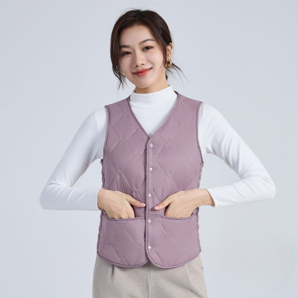 Quilted Puffer Vest with Button Closure for Women - Melissa