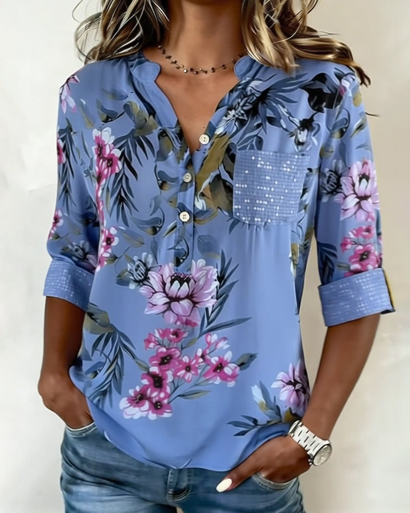 Bluse V-Ausschnitt Pailletten Floral