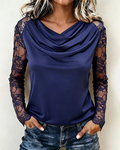 Bluse Cowl Neck Spitze Panel Langarm