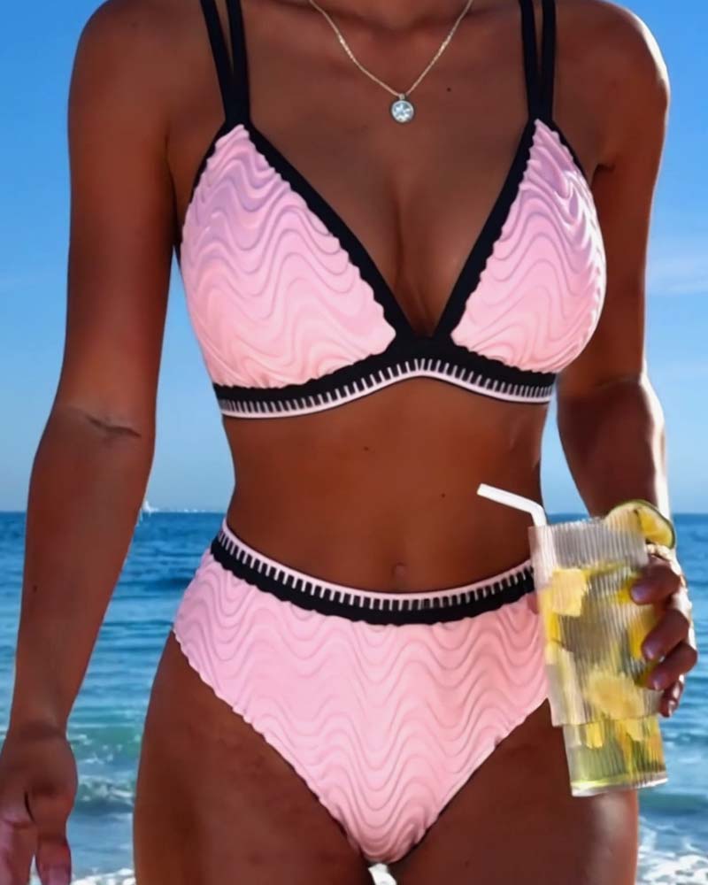 Bikini Farbblock Doppelträger Strukturiert