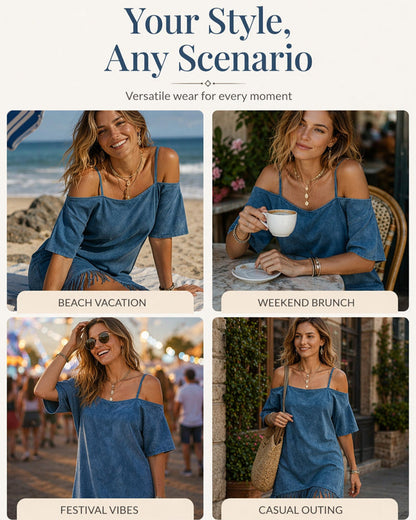 Kleid Spaghettiträger Franse Uni Off-Shoulder