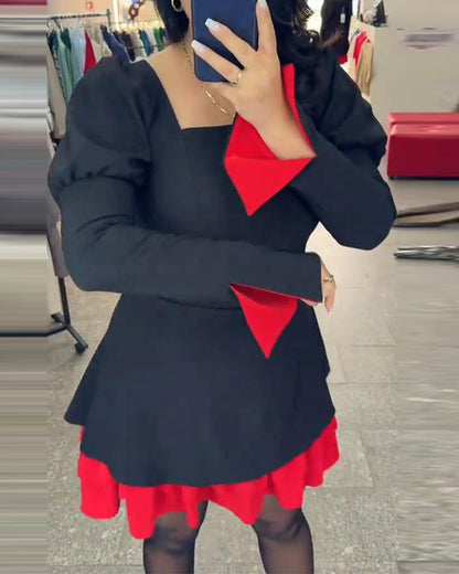 Kleid Schlitz Glockenärmel Patchwork A-Saum