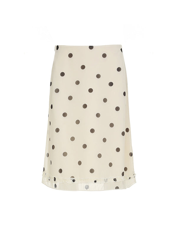 Aprikotfarbener Vintage Punkte Rüschensaum Maxi Rock