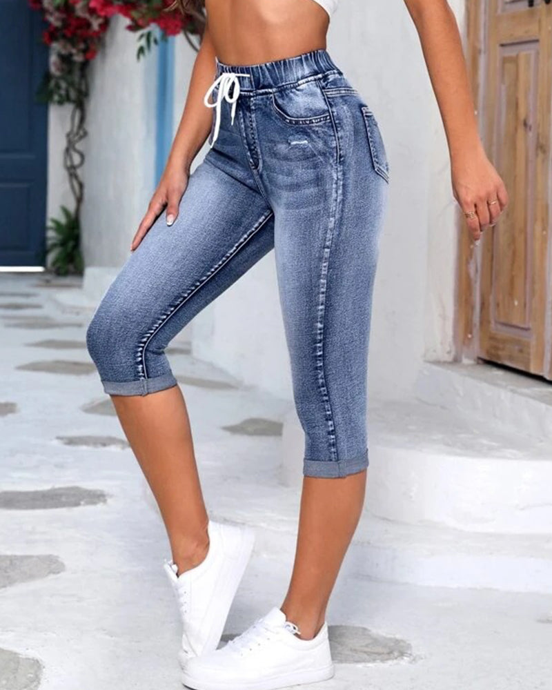 Jeans Kordelzug Hohe Taille Distressed