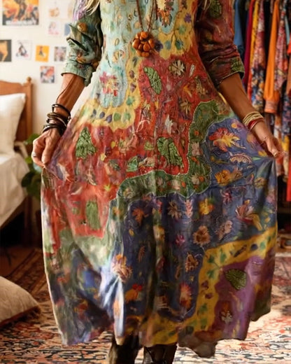 Kleid im Ölgemälde-Stil mit V-Ausschnitt