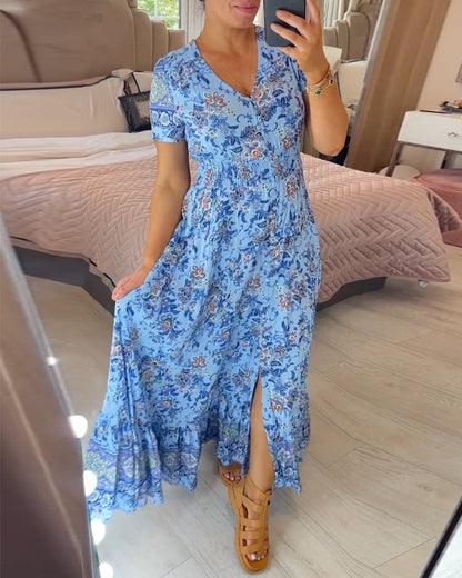 🌷🌷Kleid mit Blumendruck und V-Ausschnitt