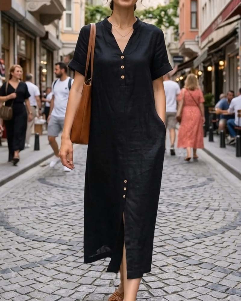 Kleid V-Ausschnitt Kurzarm Knopf