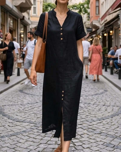 Kleid V-Ausschnitt Kurzarm Knopf
