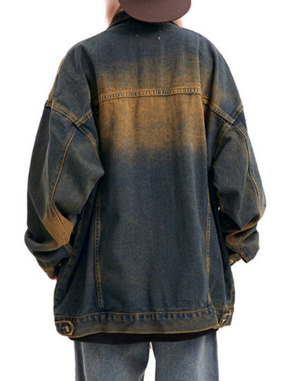 Vintage Blaue Ombre Gewaschene Lockere Denimjacke