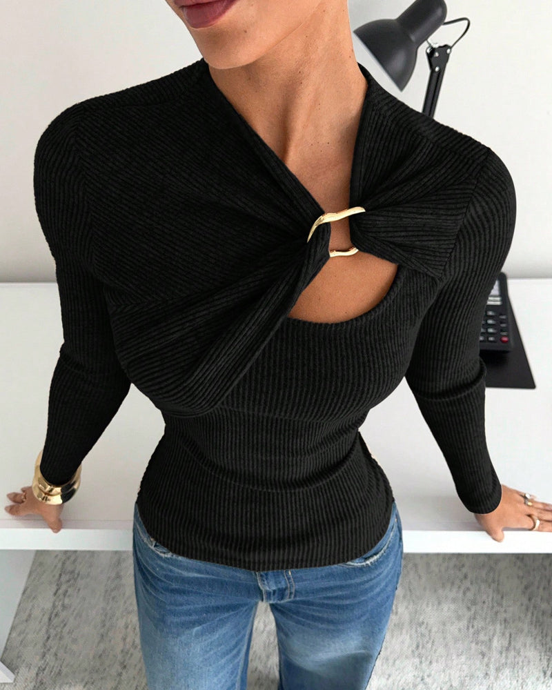 T-Shirt Damen Langarm Rippenstrick Dreh Vorne