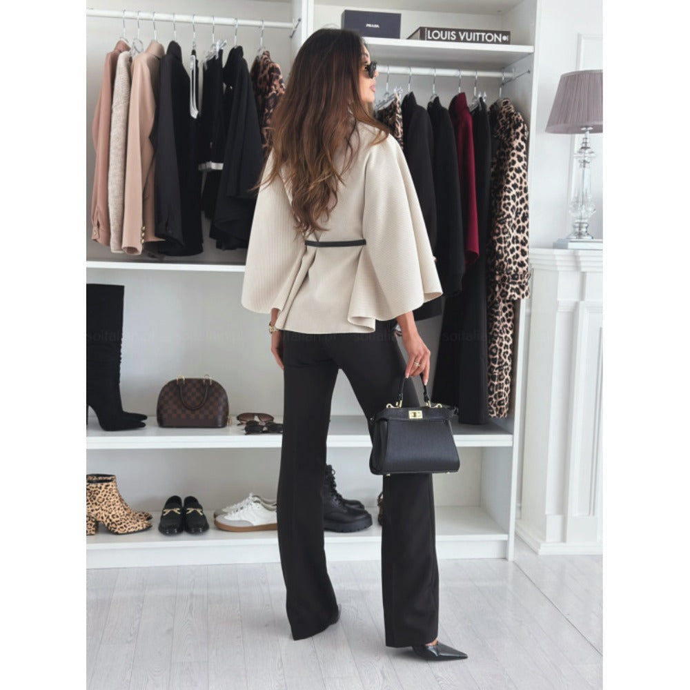 Belted Cape Coat with Wide Sleeves for Women - Zita