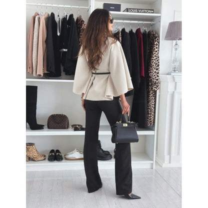 Belted Cape Coat with Wide Sleeves for Women - Zita