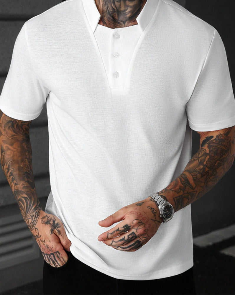 Herren T-Shirt Mandarin-Kragen Knopf Mode
