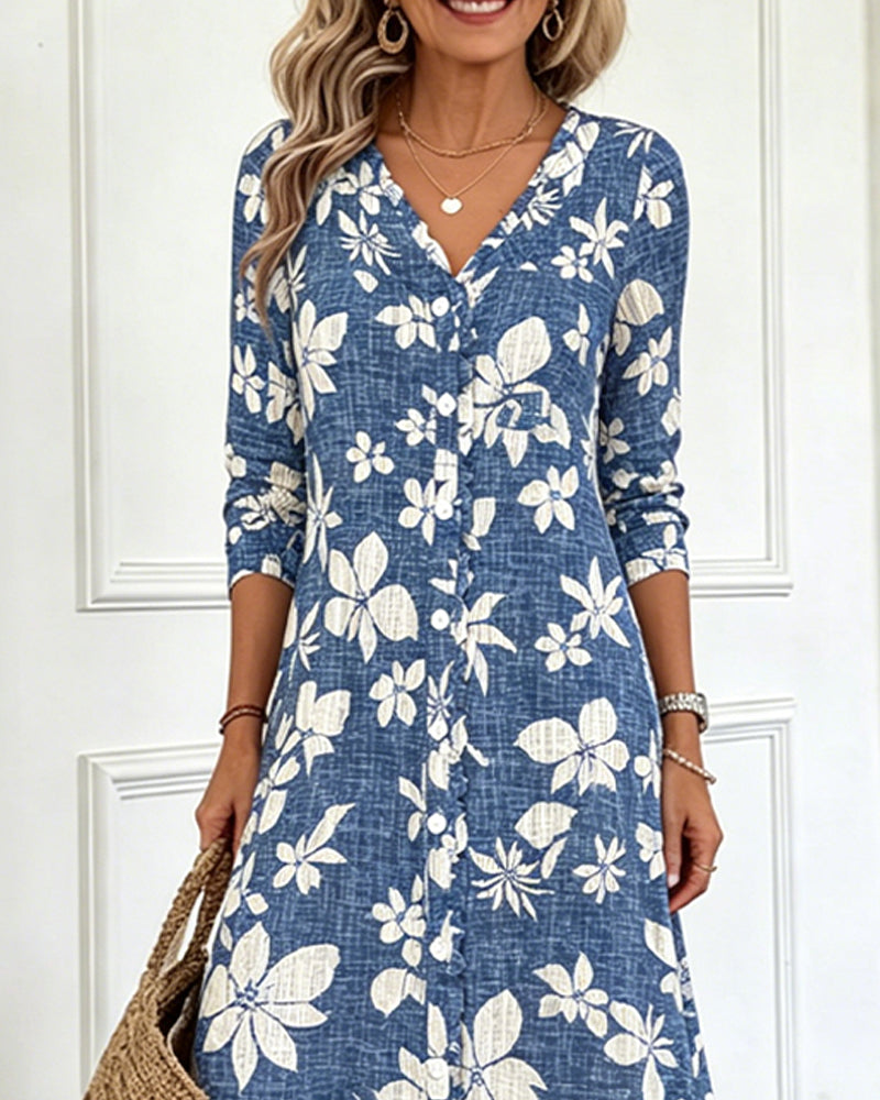 Kleid V-Ausschnitt Blumen Hemd