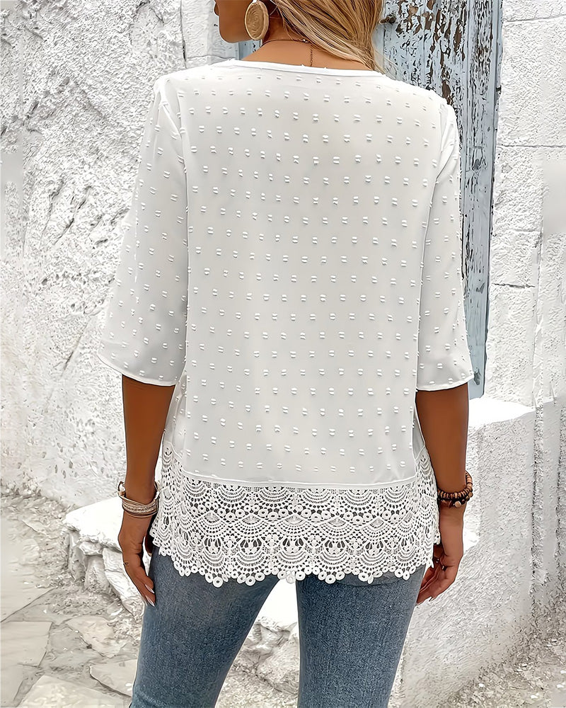 Bluse Jacquard Spitze Patchwork V-Ausschnitt