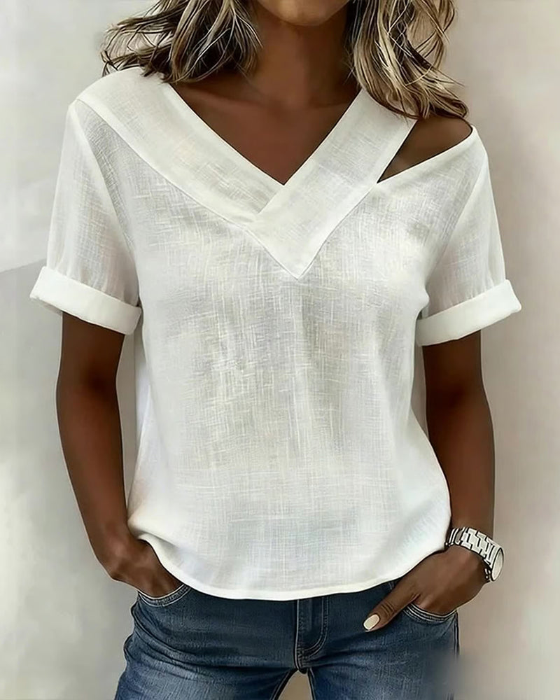 Bluse Off-Shoulder V-Ausschnitt Einfarbig Kurz Ärmel