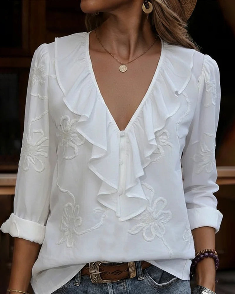 Bluse Rüschenkragen Bestickte Blume