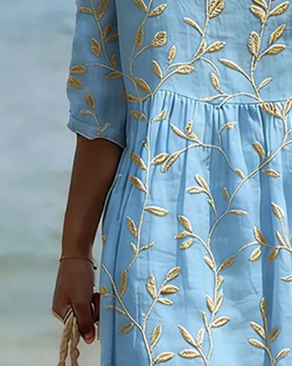 Kleid Rundhals Bestickt Uni Lässig