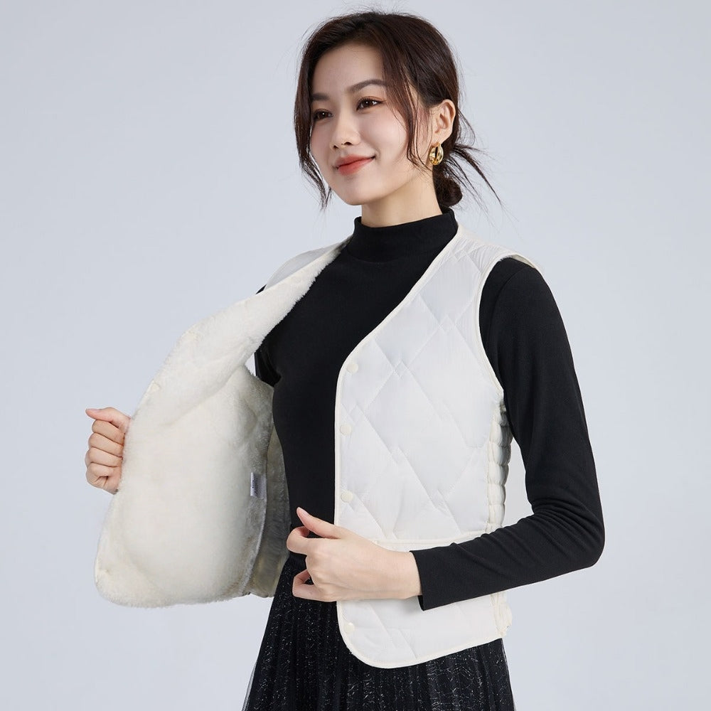 Quilted Puffer Vest with Button Closure for Women - Melissa