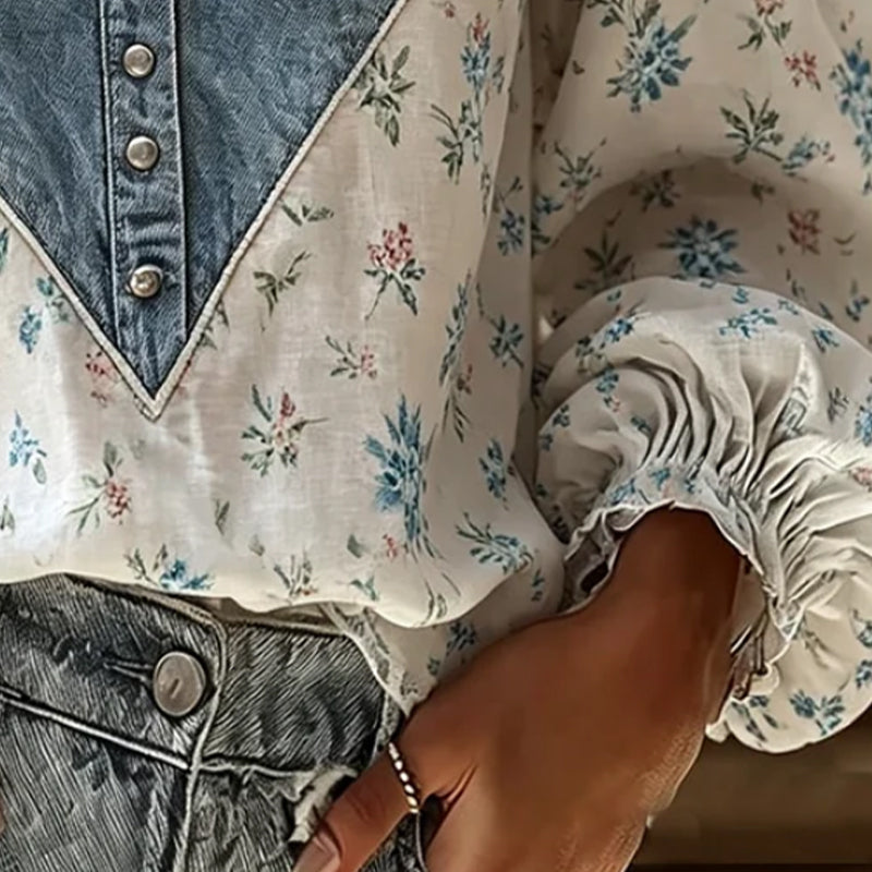 Bluse V-Ausschnitt Blumenprint Puffärmel Denim Panel