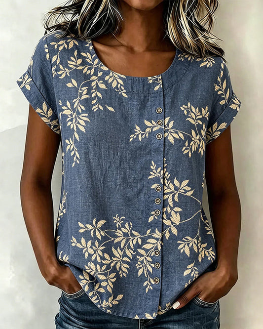 Bluse Blattprint Kurzarm Lässig