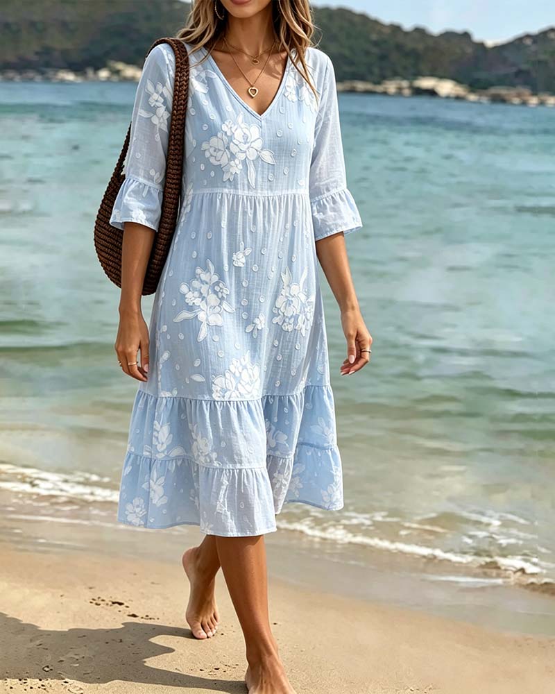 Kleid Blumig V-Ausschnitt Halbarm