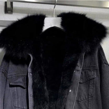 Denim Jacket with Faux Fur Hood for Women - Floriana