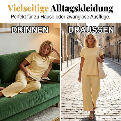 🔥50% Rabatt！❄️2026 Neuheit – heiß begehrt！🌿 Lounge Set mit Rundhals & weiter Hose – Baumwollmischung, atmungsaktiv, figurschmeichelnd – in Gelb & Blau (S–5XL)